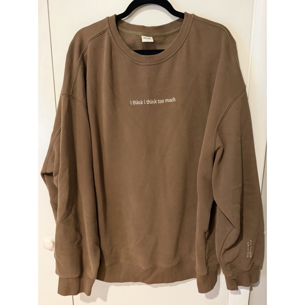 See The Way I See Think Too Much Crewneck Sweatshirt Brown Embroidered Womens 2X